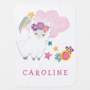 Sweet Fluffy Llama Name Baby Girl White Blanket