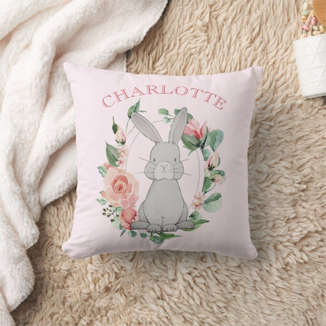 Sweet Forest Animal Gray Bunny Pink Floral Girl's  Throw Pillow (Blanket)