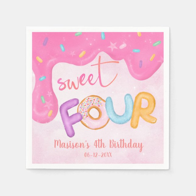 sweet four Pink Frosting Girl's First Birthday  Napkins (Front)