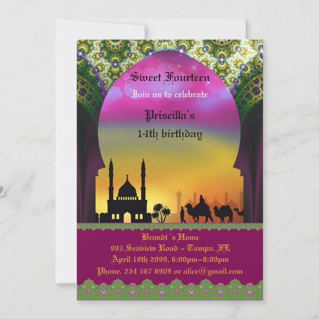 Sweet Fourteen Birthday invitation, 14th,Arabian Invitation (Front)