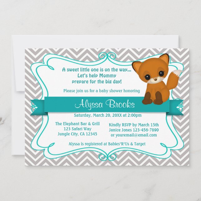Sweet Fox Baby Shower Invitations Chevron Gray (Front)