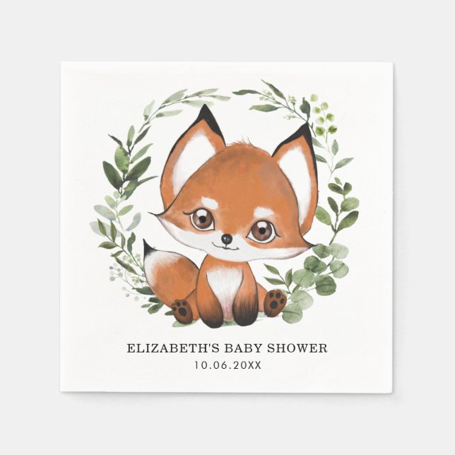 Sweet Fox Botanical Greenery Forest Baby Birthday Napkins (Front)