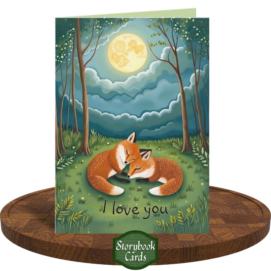 Sweet Fox Couple Sleeping Moon Forest I Love You Card