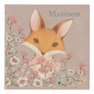 Sweet Fox Floral Whimsy Name Personalized Faux Canvas Print