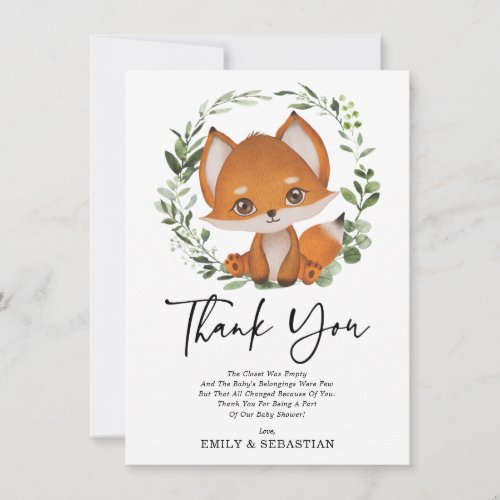 Sweet Fox Greenery Forest Baby Shower Birthday Thank You Card