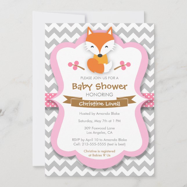 Sweet Fox Pink Baby Shower Invitation (Front)