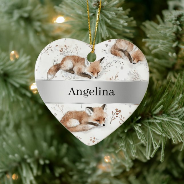 Sweet Fox Silver Ribbon Christmas Ceramic Ornament (Tree)