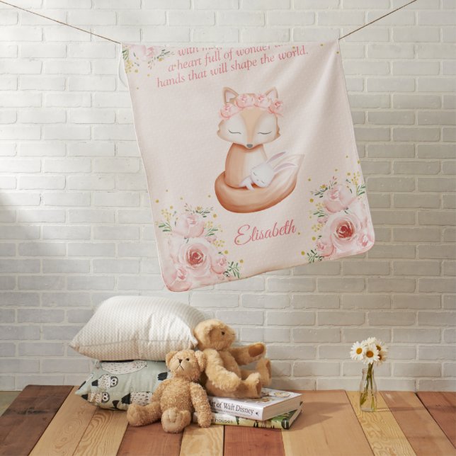Sweet Fox Snuggling Bunny Personalized Nursery   B Baby Blanket (In Situ)