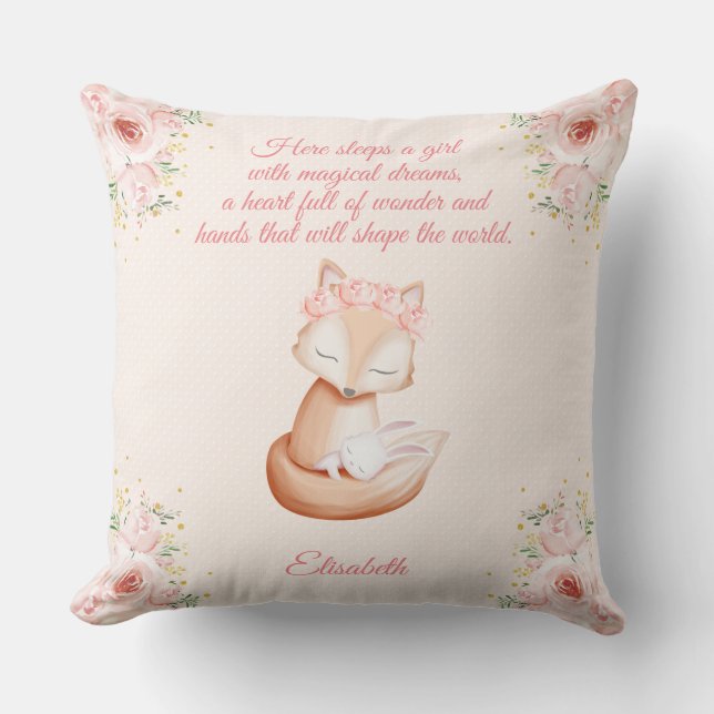 Sweet Fox Snuggling Bunny Personalized Nursery Throw Pillow (Front)
