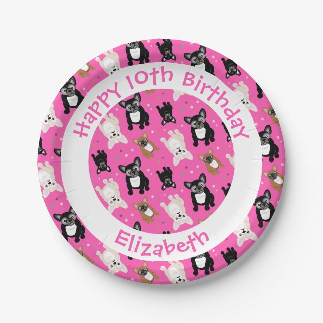 Sweet French Bulldogs Pink Frenchie 10th Birthday Paper Plates (Front)