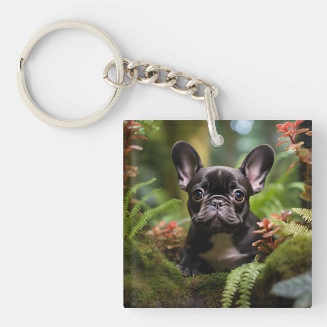 🐶💛Sweet Frenchie puppy in a jungle Keychain (Front)