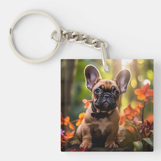 🐶💗Sweet Frenchie puppy in a jungle Keychain (Front)