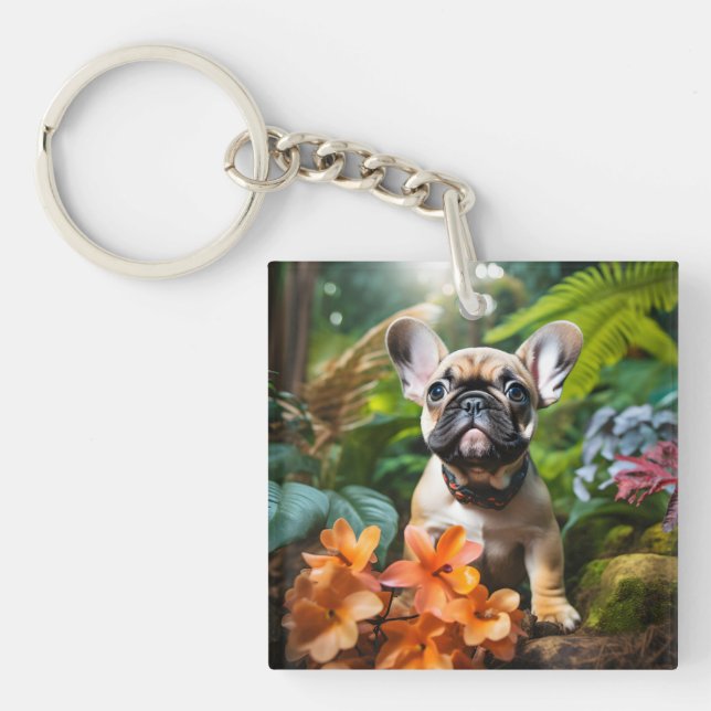 😍Sweet Frenchie puppy in a jungle Keychain (Front)