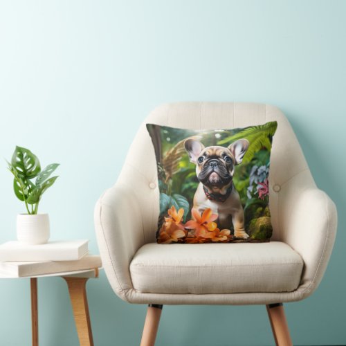 Sweet Frenchie puppy in a jungle Throw Pillow