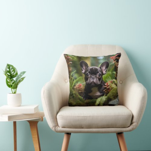 Sweet Frenchie puppy in a jungle Throw Pillow