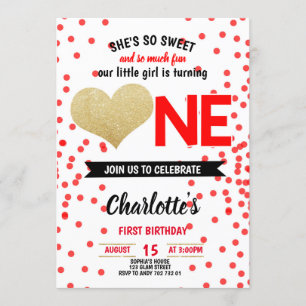 Sweet & Fun Black Red Heart Girl First Birthday Invitation