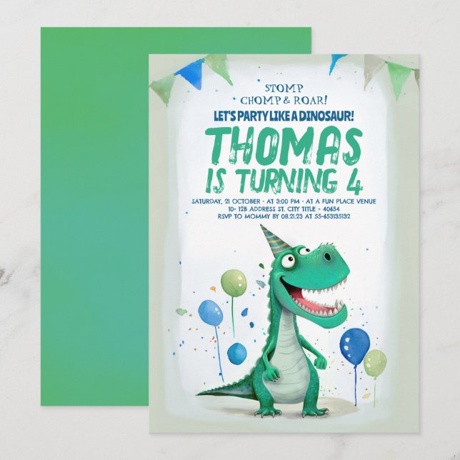 Sweet Fun Dinosaur Blue and Green Birthday Invitation (Front/Back)