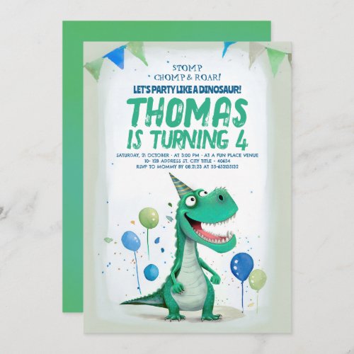 Sweet Fun Dinosaur Blue and Green Birthday Invitation