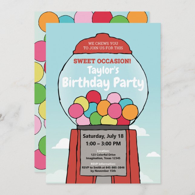 Sweet Fun! Gumball Themed Birthday Invitations (Front/Back)