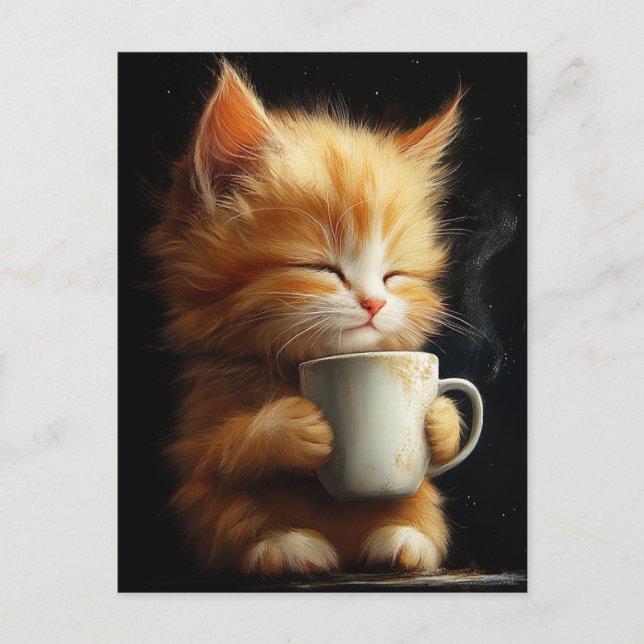 Sweet Ginger Kitten With a Coffee Postcard (Front)