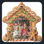 Sweet Gingerbread Photo Square Sticker<br><div class="desc">This fun Christmas photo sticker features an AI generated candy covered Gingerbread photo frame that is perfect to highlight your favorite holiday photo. On the back is another gingerbread house with a place to personalize with names and the year.</div>
