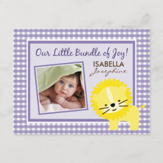 Sweet Gingham Lion Birth Announcement (lavender)