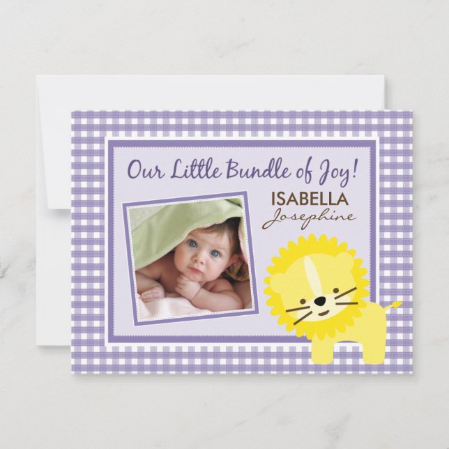 Sweet Gingham Lion Birth Announcement (lavender) (Front)