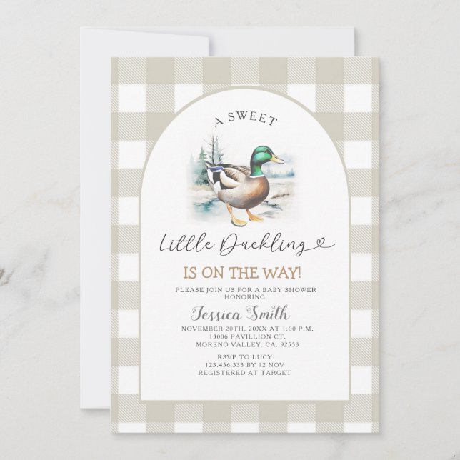  Sweet Gingham Little Duckling Mallard Baby Shower Invitation (Front)