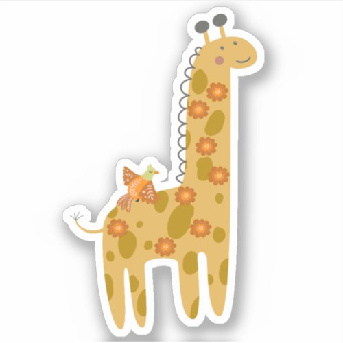 Sweet Giraffe Bird and Flowers Orange Gold Laptop Sticker