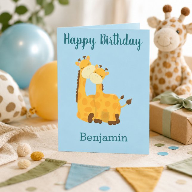 Sweet Giraffe Pair Sky Blue Children’s Birthday  Card (Creator Uploaded)