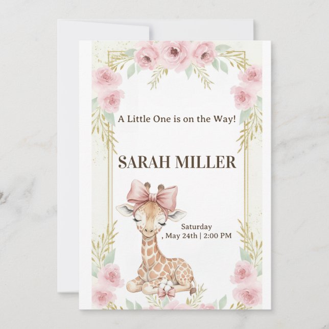Sweet Giraffe Pink Floral Baby Shower InInvitation Invitation (Front)