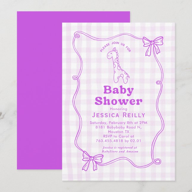 Sweet Giraffe Plaid Bow Elegant Baby Shower Invitation (Front/Back)