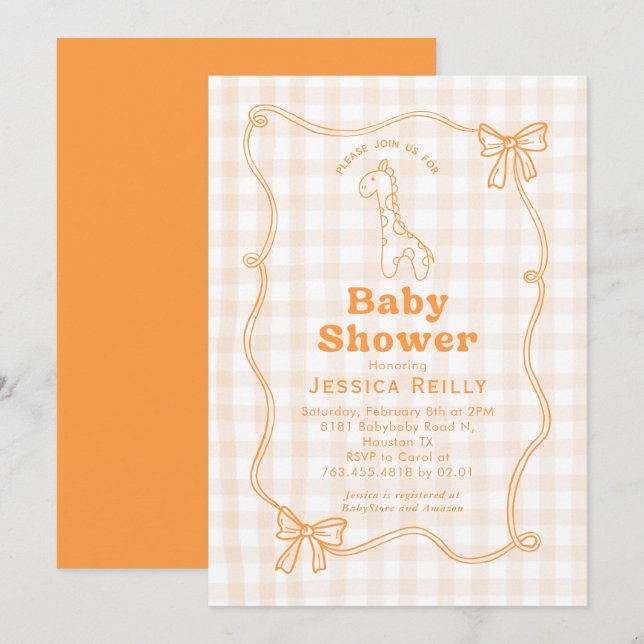 Sweet Giraffe Plaid Bow Elegant Baby Shower  Invitation (Front/Back)