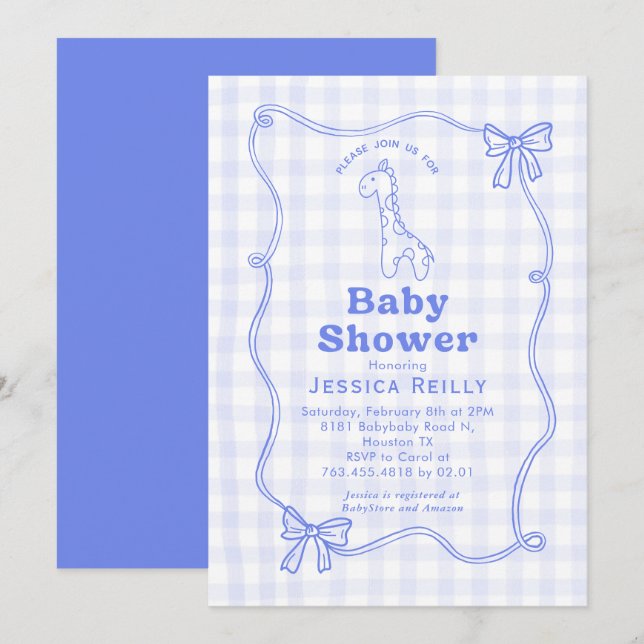 Sweet Giraffe Plaid Bow Elegant Baby Shower Invitation (Front/Back)