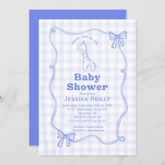 Sweet Giraffe Plaid Bow Elegant Baby Shower Invitation