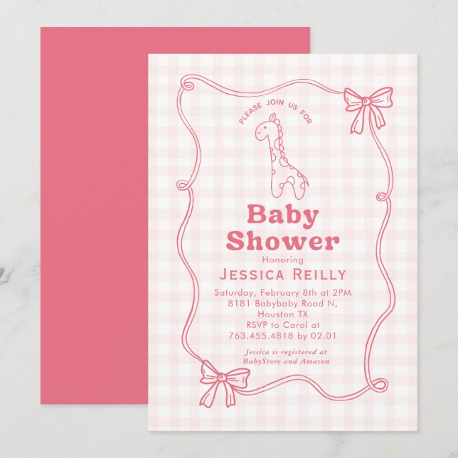 Sweet Giraffe Plaid Bow Elegant Baby Shower  Invitation (Front/Back)
