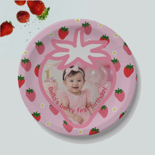 Sweet Girl 1st Birthday Strawberries Party Paper Plates