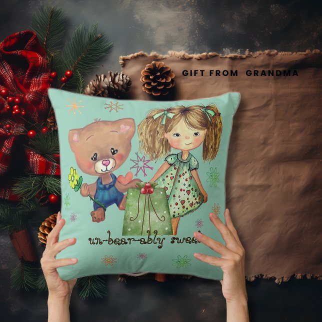  Sweet Girl and Teddy Bear Teal  Throw Pillow (Sweet Girl and Teddy Bear Teal Throw Pillow)