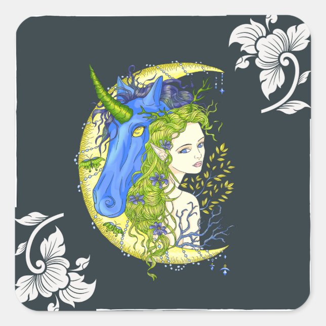 Sweet girl and unicorn drawing   square sticker (Front)