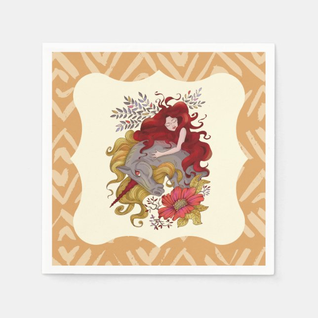 Sweet Girl And Unicorn Flowers Drawing Napkins (Front)