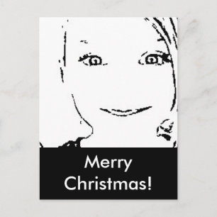 Sweet Girl, Black White Portrait, Merry Christmas Holiday Postcard