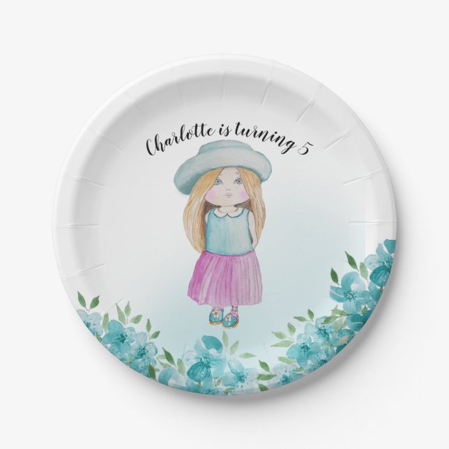 Sweet Girl Doll Watercolor Hand-painted Paper Plates (Front)