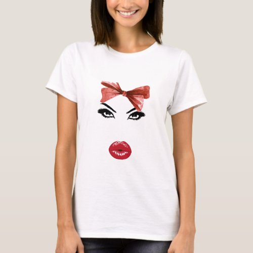 Sweet girl face with bow beautiful eyes and red l T_Shirt