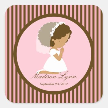 Sweet Girl First Holy Communion Sticker Brown Pink by celebrateitinvites at Zazzle