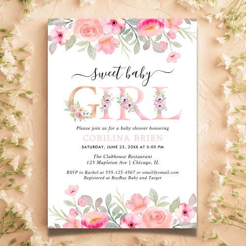 Sweet girl floral baby girl shower invitation