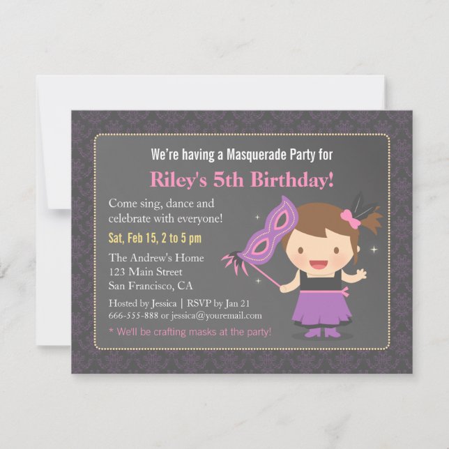 Sweet Girl Masquerade Birthday Party Invitations (Front)