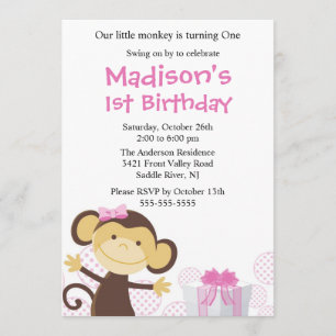 Sweet Girl Monkey Birthday Invitation