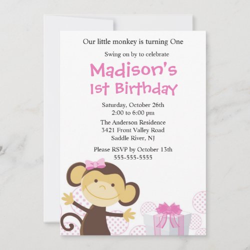 Sweet Girl Monkey Birthday Invitation