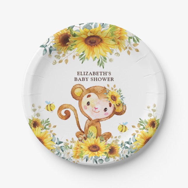 Sweet Girl Monkey Sunflower Baby Shower Wild One Paper Plates (Front)