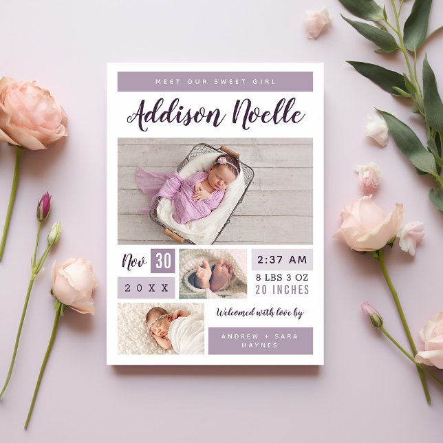 Sweet Girl Photo Collage Birth Announcement (Creator Uploaded)